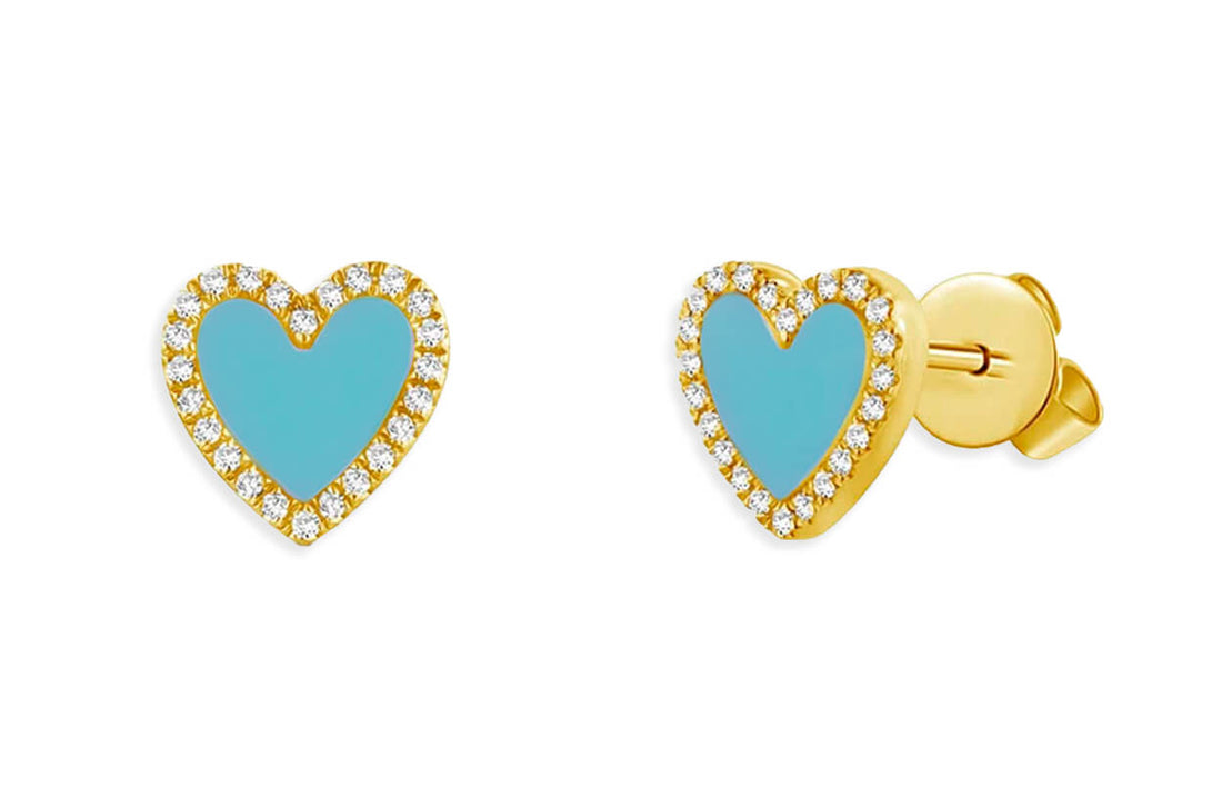 Earrings 14kt Gold Turquoise Hearts &amp; Diamonds Halo Studs