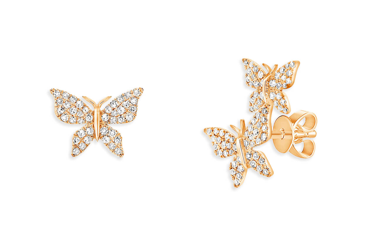Earrings 18kt Rose Gold Asymmetrical Butterflies &amp; Diamonds