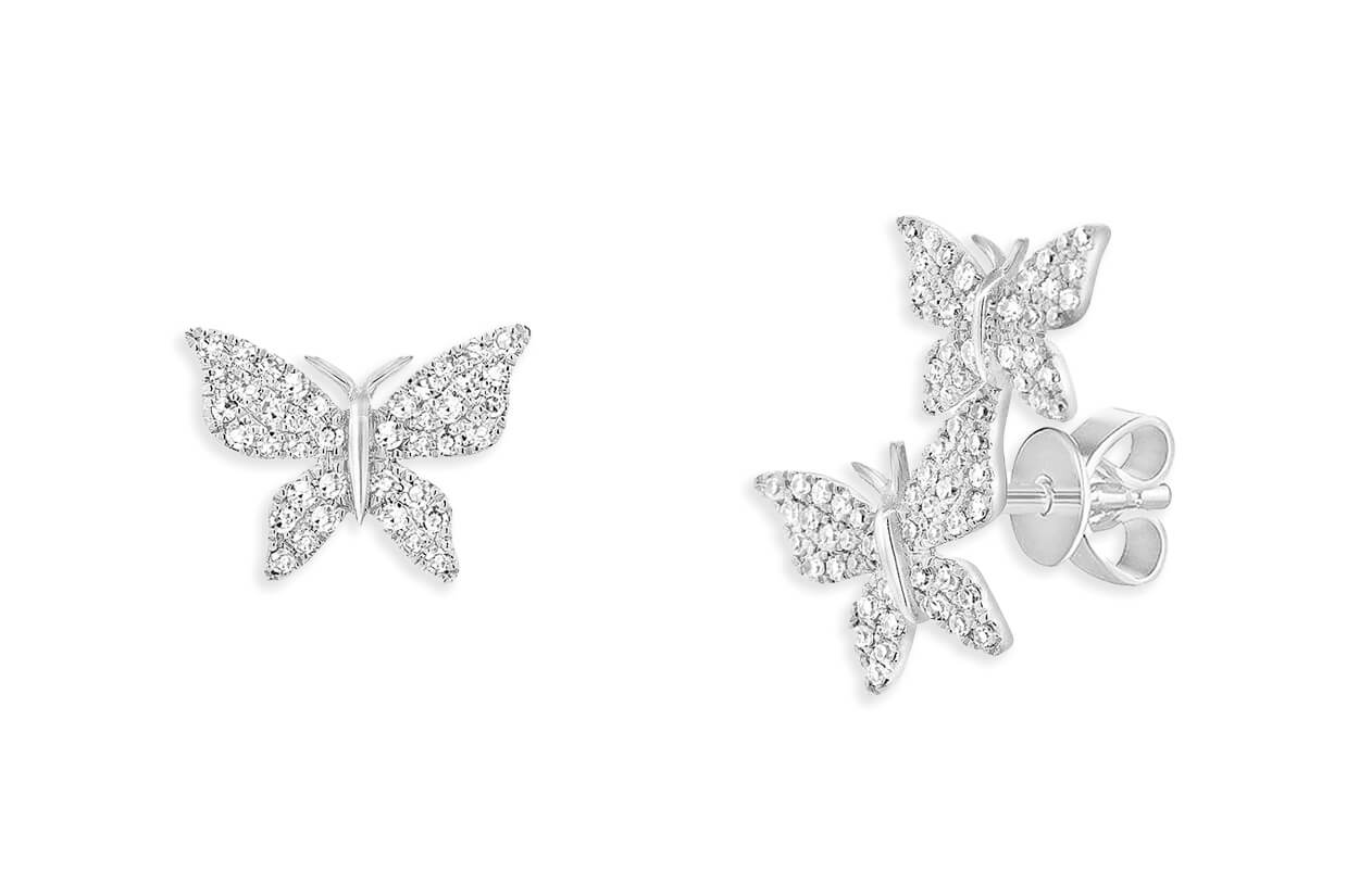 Earrings 18kt White Gold Asymmetrical Butterflies &amp; Diamonds