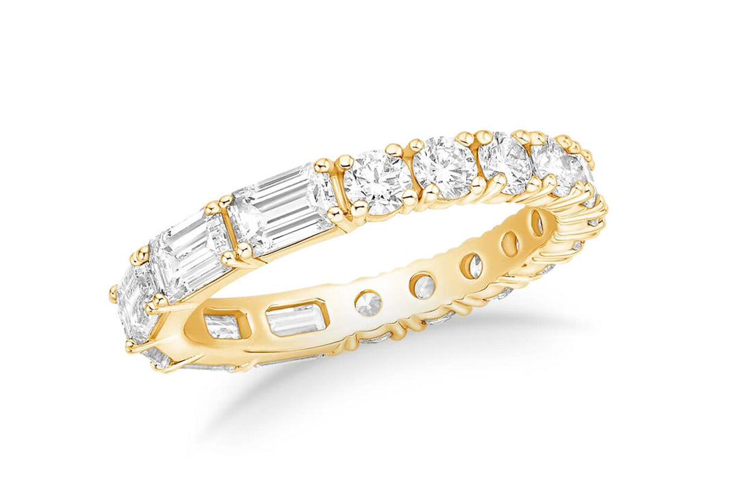 Eternity Ring 14kt Yellow Gold Round &amp; Emerald Cut Diamonds