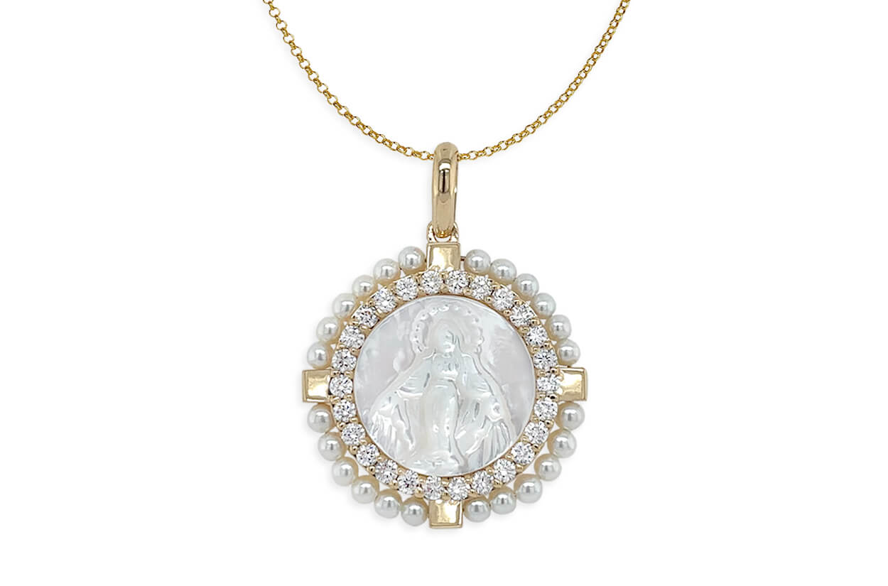 Necklace 18kt Gold Mother Pearl Miraculous Diamonds &amp; Pearls Medal