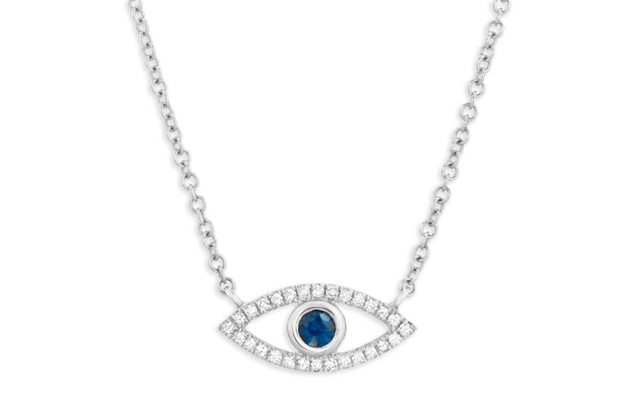 Necklace 14kt White Gold Devil Eye Bezel Sapphire &amp; Diamonds