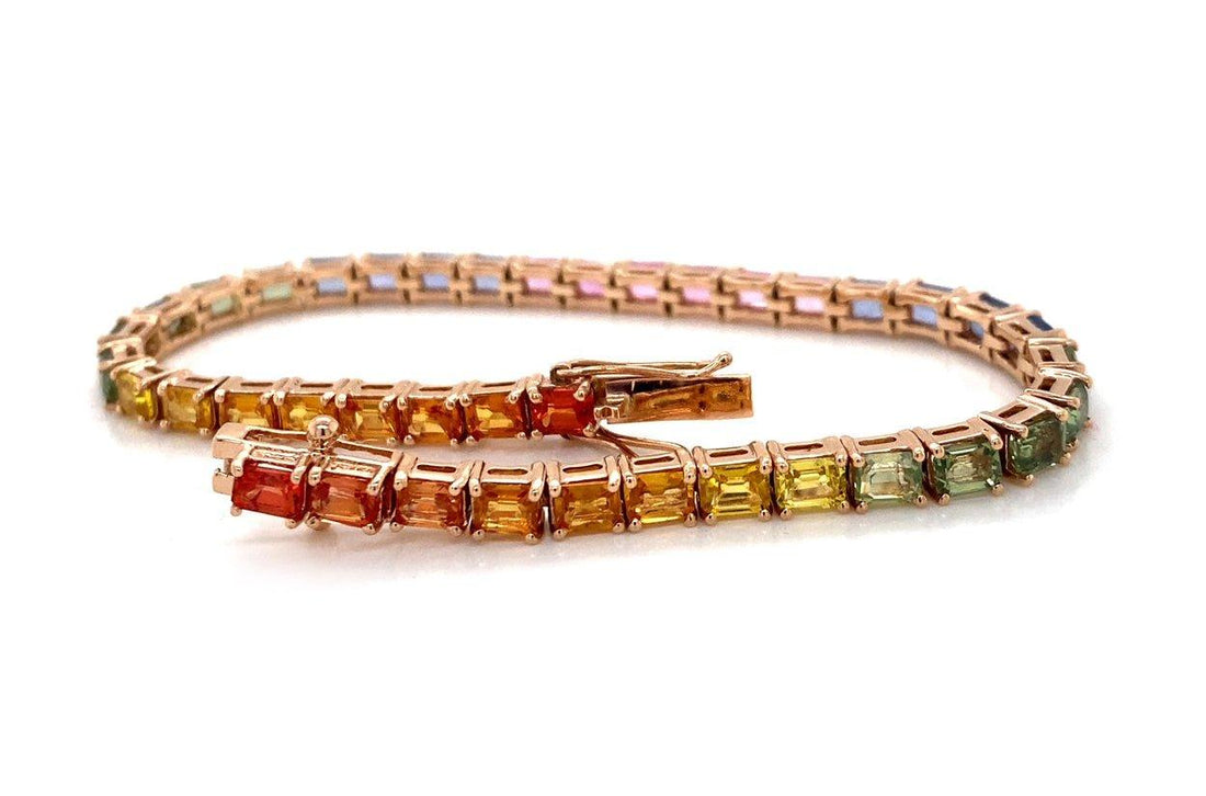 Bracelet 14kt Gold Emerald Cut Multicolor Sapphires Tennis - Diamond Tales Fine Jewelry