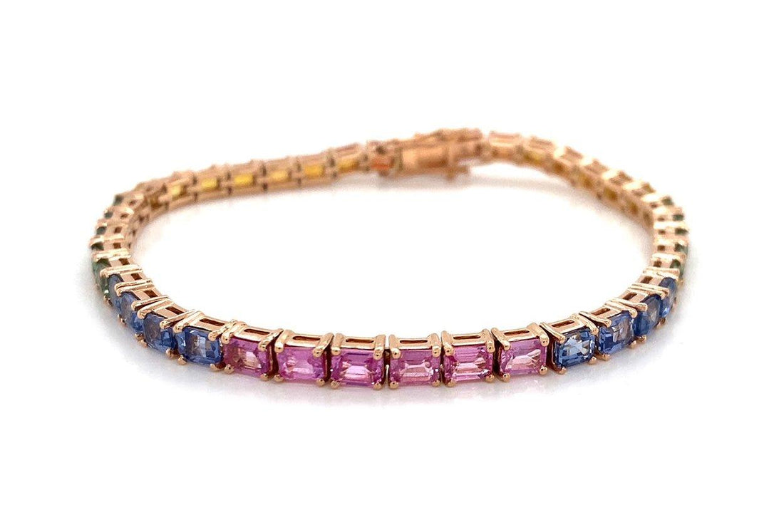 Bracelet 14kt Gold Emerald Cut Multicolor Sapphires Tennis - Diamond Tales Fine Jewelry