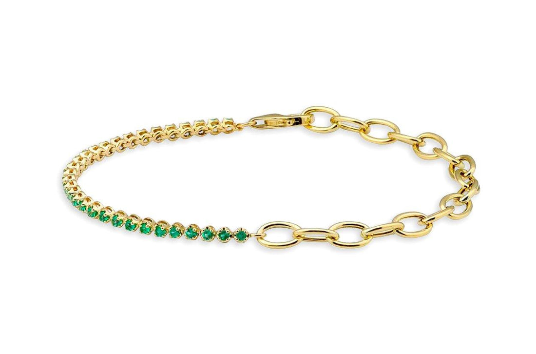 Bracelet 14kt Gold Half Link Chain &amp; Half Emerald Tennis - Diamond Tales Fine Jewelry