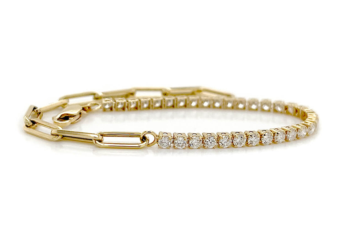 Bracelet 14kt Gold Half Paperclip &amp; Half Diamonds Tennis - Diamond Tales Fine Jewelry