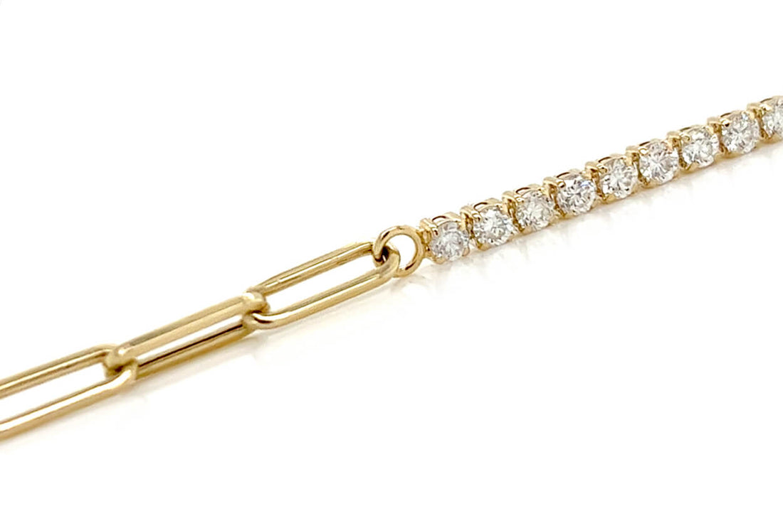 Bracelet 14kt Gold Half Paperclip &amp; Half Diamonds Tennis - Diamond Tales Fine Jewelry