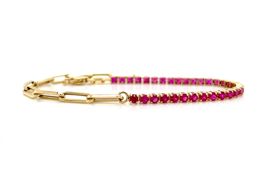 Bracelet 14kt Gold Half Paperclip &amp; Half Rubies Tennis - Diamond Tales Fine Jewelry