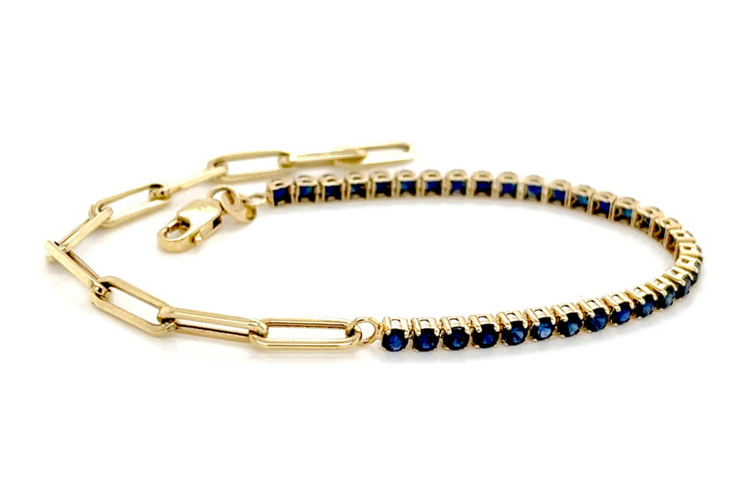 Bracelet 14kt Gold Half Paperclip &amp; Half Sapphires Tennis - Diamond Tales Fine Jewelry