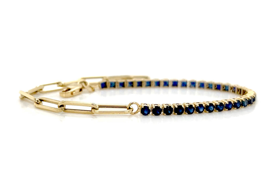 Bracelet 14kt Gold Half Paperclip &amp; Half Sapphires Tennis - Diamond Tales Fine Jewelry