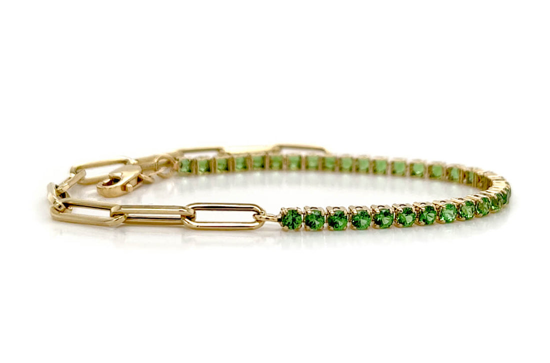 Bracelet 14kt Gold Half Paperclip &amp; Half Tsavorites Tennis - Diamond Tales Fine Jewelry