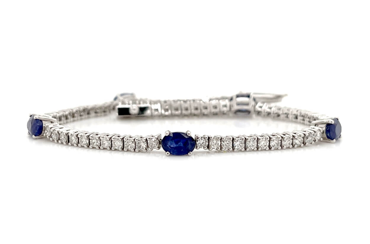 Bracelet 14kt Gold Oval Blue Sapphires &amp; Diamonds Tennis - Diamond Tales Fine Jewelry