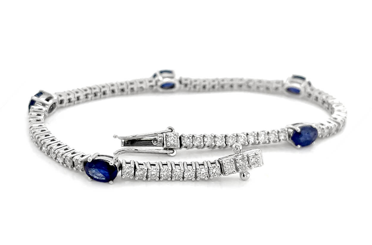 Bracelet 14kt Gold Oval Blue Sapphires &amp; Diamonds Tennis - Diamond Tales Fine Jewelry