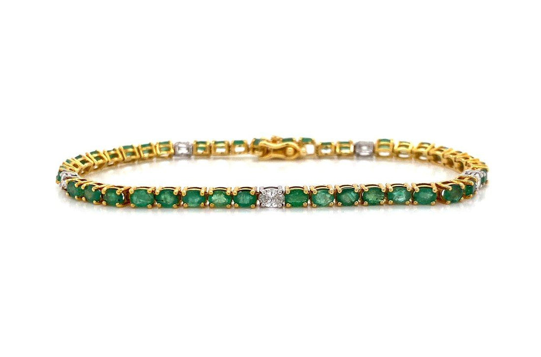 Bracelet 14kt Gold Oval Emeralds &amp; Diamonds Tennis - Diamond Tales Fine Jewelry
