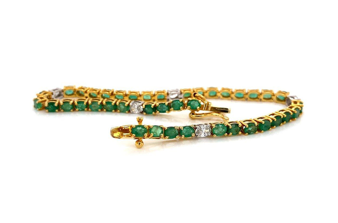 Bracelet 14kt Gold Oval Emeralds &amp; Diamonds Tennis - Diamond Tales Fine Jewelry