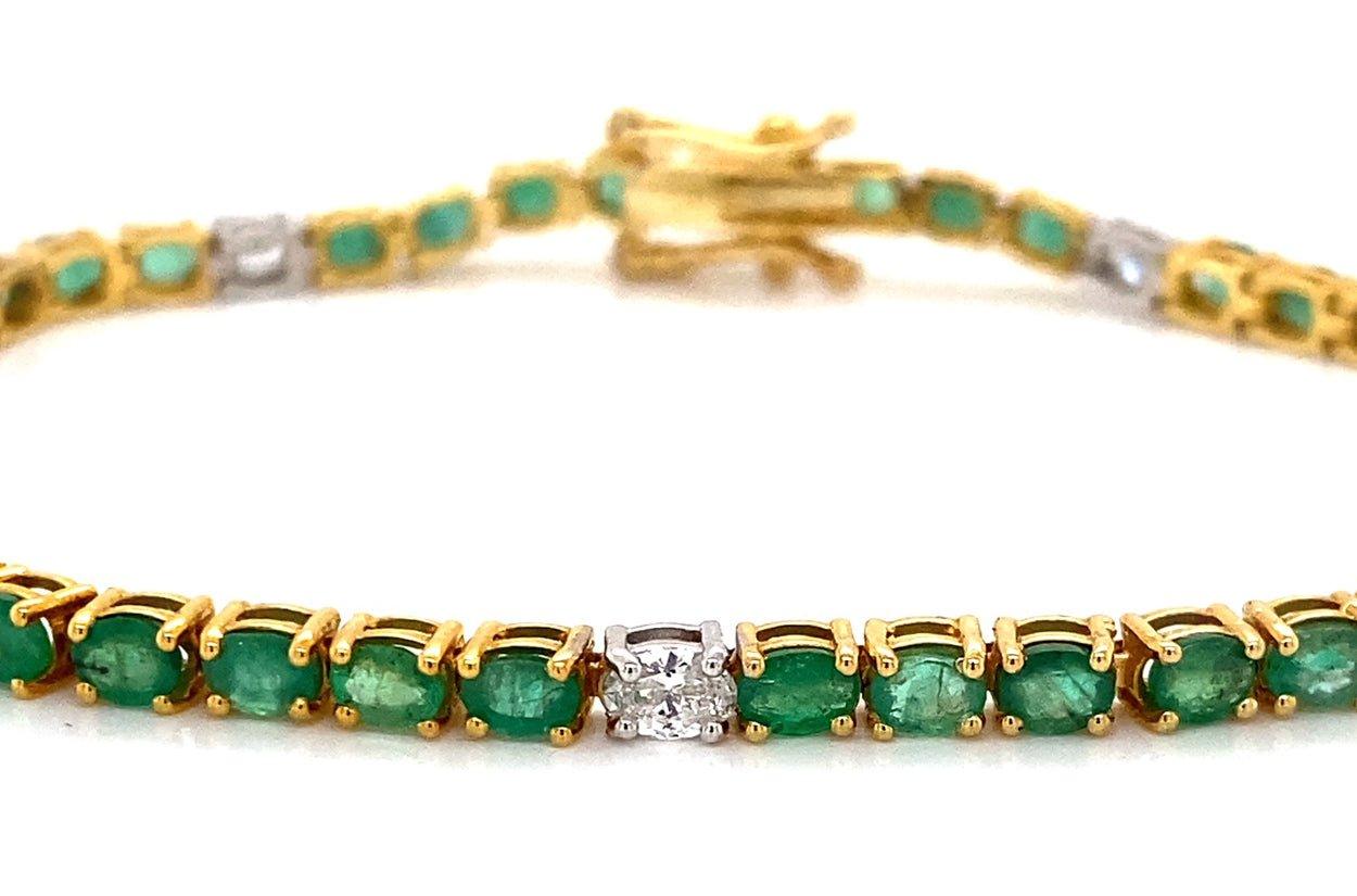 Bracelet 14kt Gold Oval Emeralds &amp; Diamonds Tennis - Diamond Tales Fine Jewelry