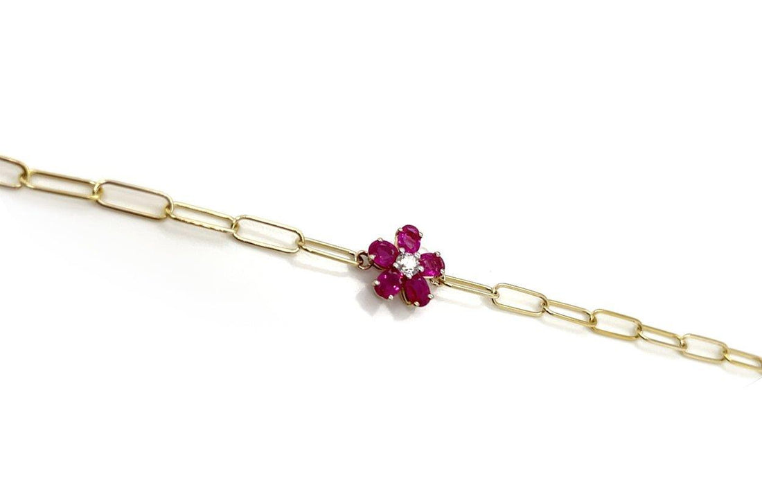 Bracelet 14kt Gold Paper Clip &amp; Ruby Flower - Diamond Tales Fine Jewelry