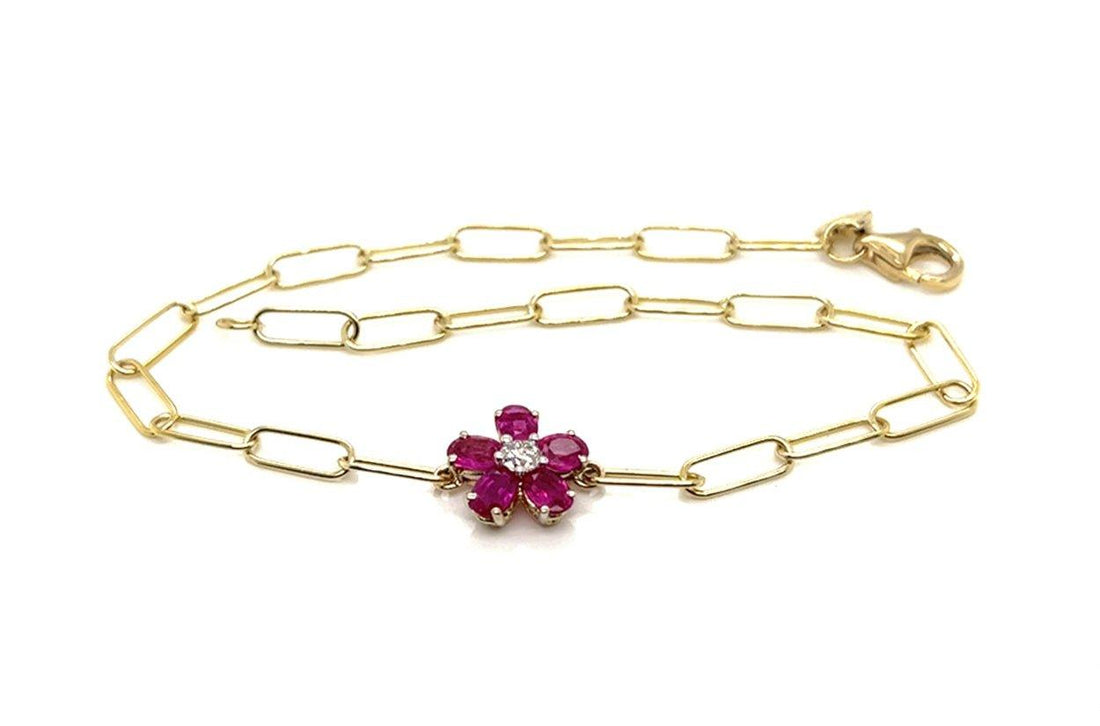 Bracelet 14kt Gold Paper Clip &amp; Ruby Flower - Diamond Tales Fine Jewelry