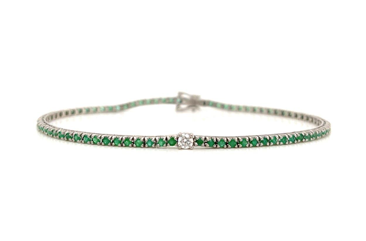 Bracelet 14kt Gold Tennis Emeralds &amp; Center Diamond - Diamond Tales Fine Jewelry