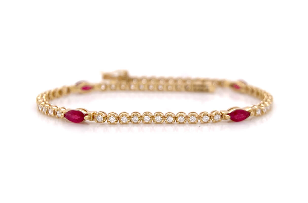 Bracelet 18kt Gold Marquise Rubies &amp; Diamonds Tennis - Diamond Tales Fine Jewelry