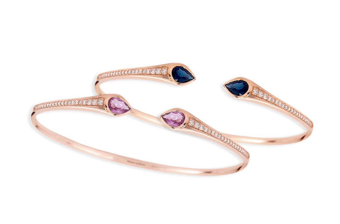 Bracelet 18kt Gold Two Stone Pear Sapphire &amp; Diamonds Cuff - Diamond Tales Fine Jewelry