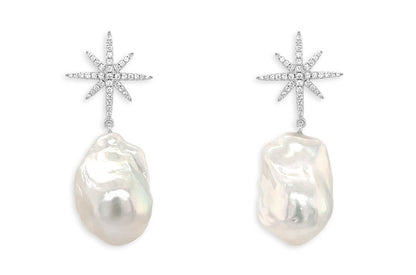 Earrings 14kt Gold Baroque Pearls &amp; Diamonds Star Drop - Diamond Tales Fine Jewelry