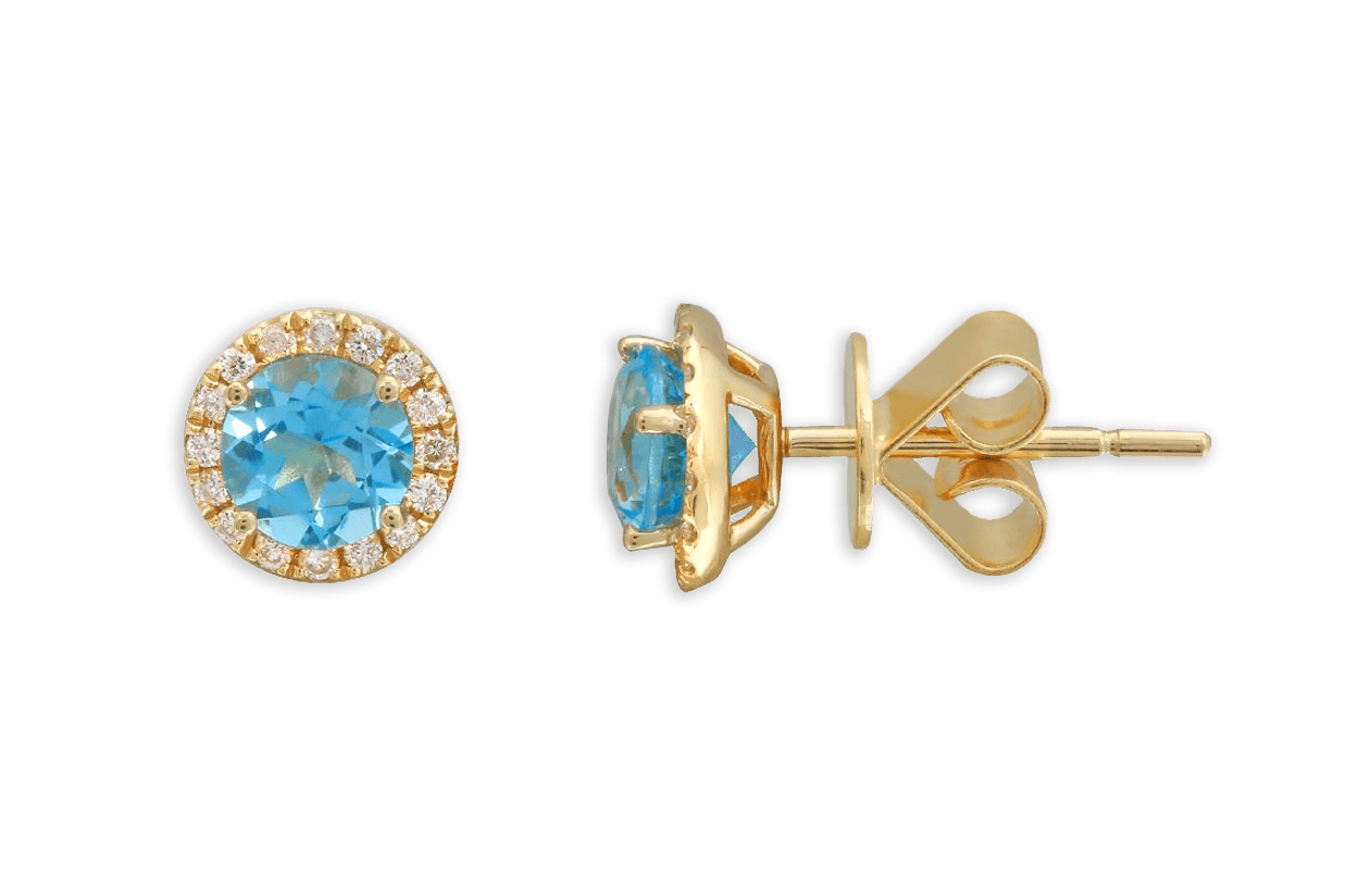 Earrings 14kt Gold Blue Topaz &amp; Diamonds Studs - Diamond Tales Fine Jewelry