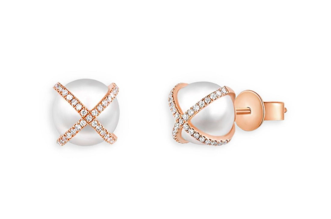 Earrings 14kt Gold Criss Cross Pearls &amp; Diamonds - Diamond Tales Fine Jewelry