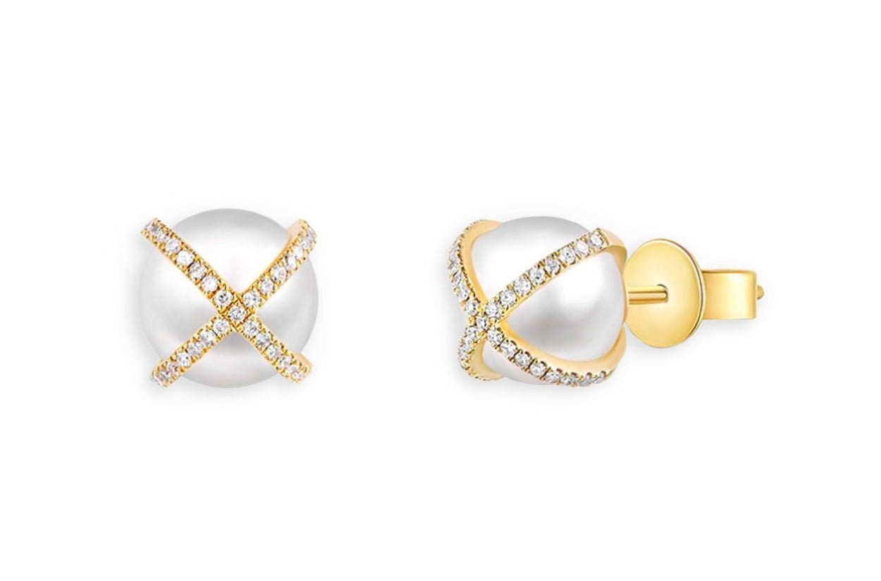 Earrings 14kt Gold Criss Cross Pearls &amp; Diamonds - Diamond Tales Fine Jewelry