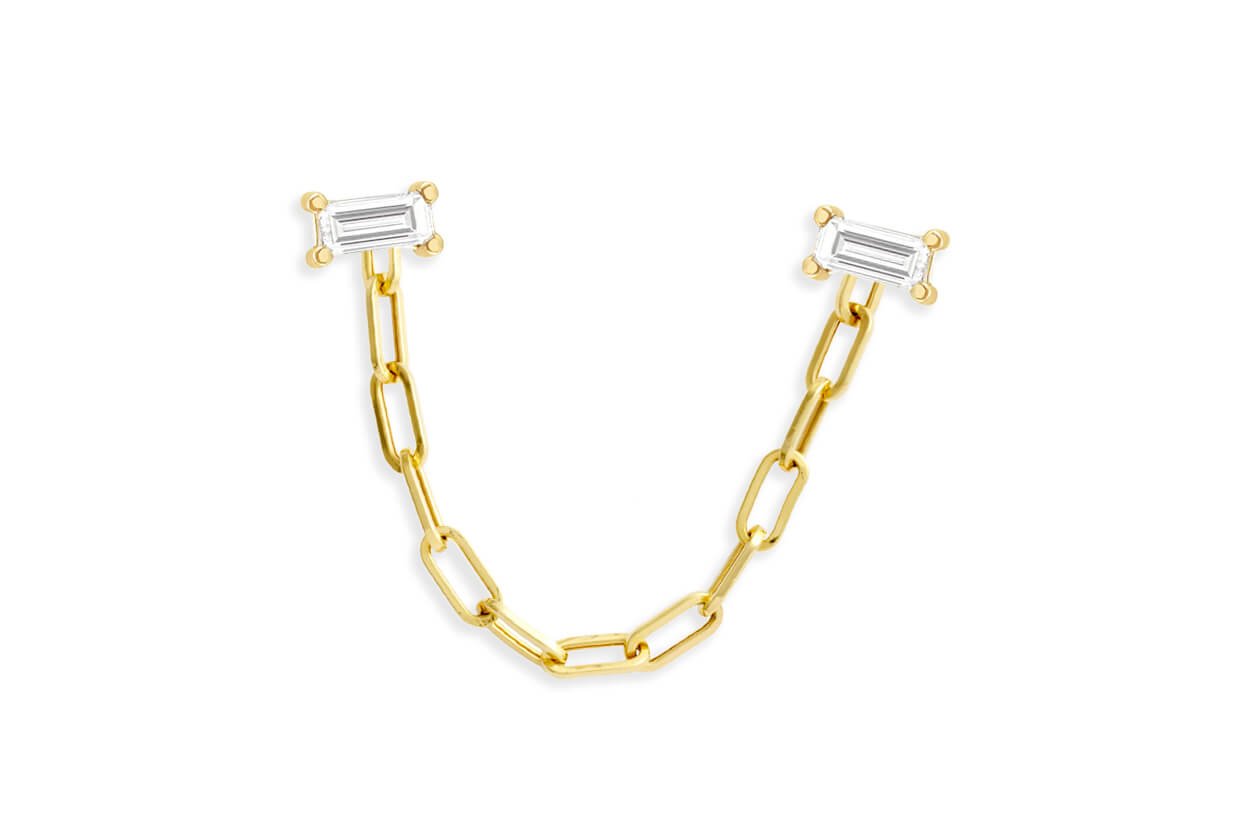 Earrings 14kt Gold Double Baguette Diamonds &amp; Paperclip Chain Studs - Diamond Tales Fine Jewelry