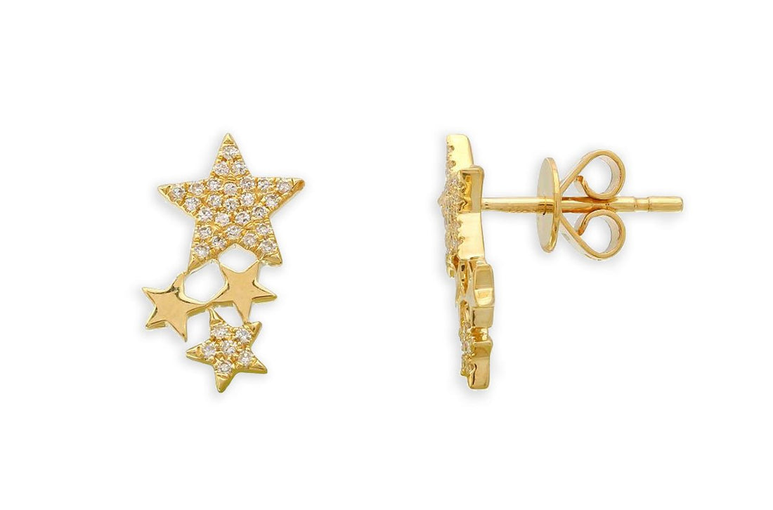 Earrings 14kt Gold Four Stars &amp; Diamonds Stud - Diamond Tales Fine Jewelry