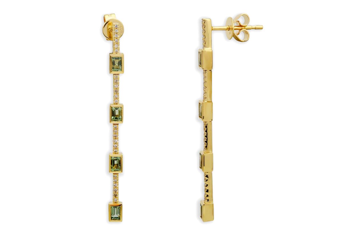 Earrings 14kt Gold Green Sapphires &amp; Diamonds Line Drops - Diamond Tales Fine Jewelry