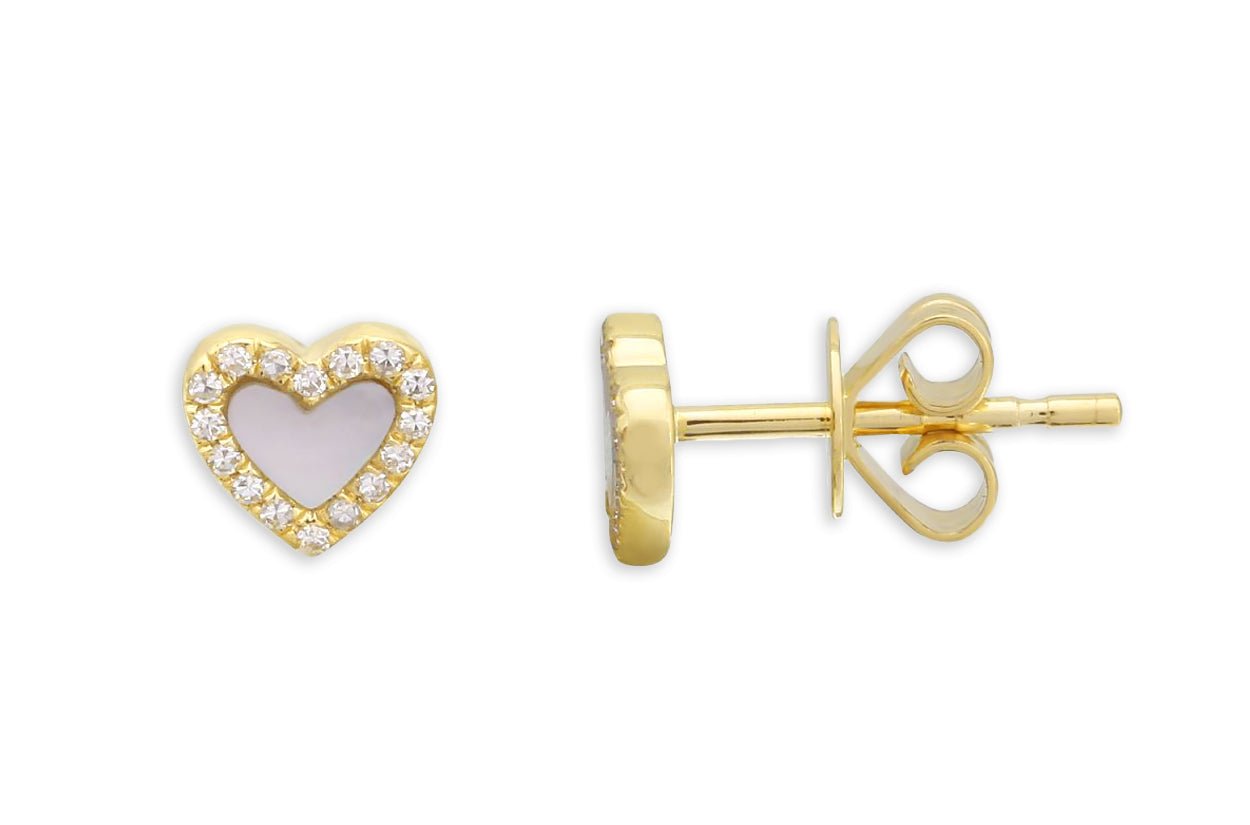 Earrings 14kt Gold Hearts Mop &amp; Diamonds Studs - Diamond Tales Fine Jewelry