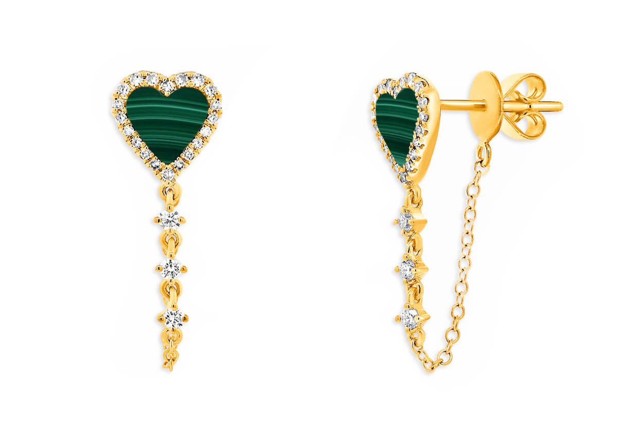 Earrings 14kt Gold Malachite Hearts Chain &amp; Outline Diamonds - Diamond Tales Fine Jewelry