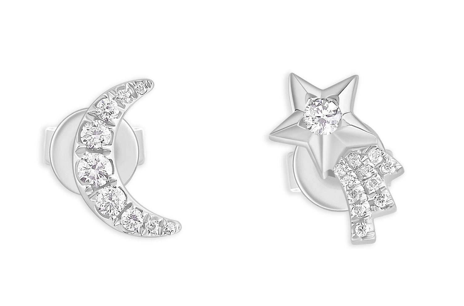 Earrings 14kt Gold Moon &amp; Shooting Star with Diamonds - Diamond Tales Fine Jewelry