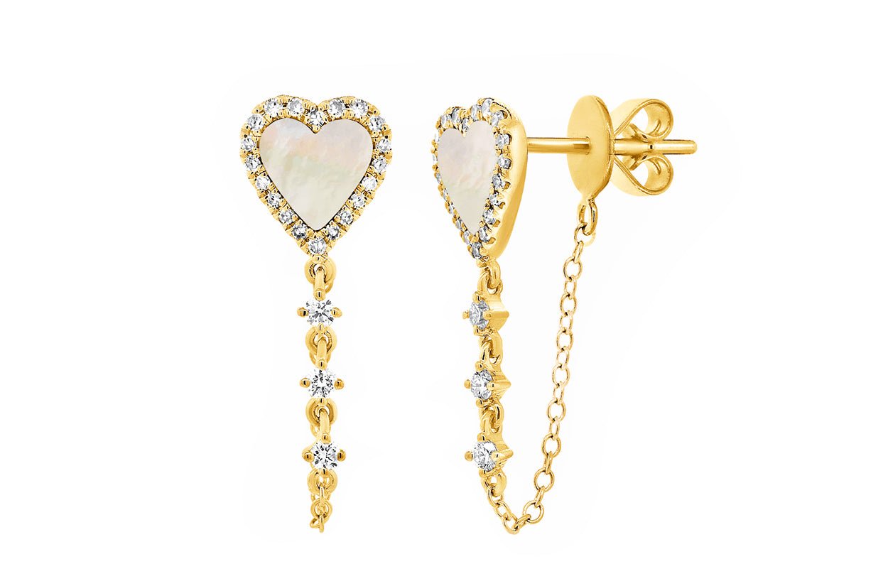 Earrings 14kt Gold Mother of Pearl Heart Chain &amp; Outline Diamonds - Diamond Tales Fine Jewelry