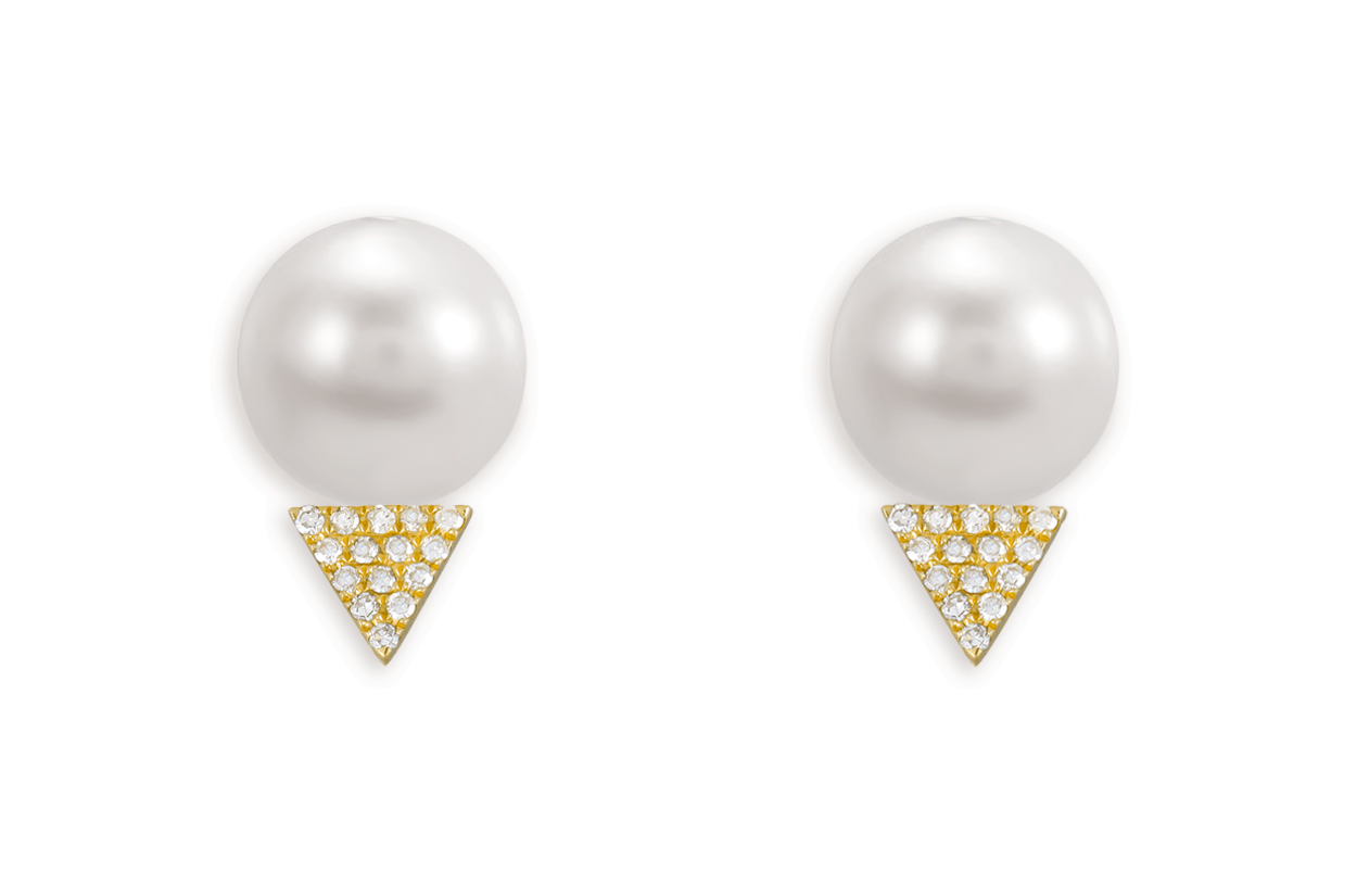 Earrings 14kt Gold Pearls &amp; Diamonds Triangle - Diamond Tales Fine Jewelry