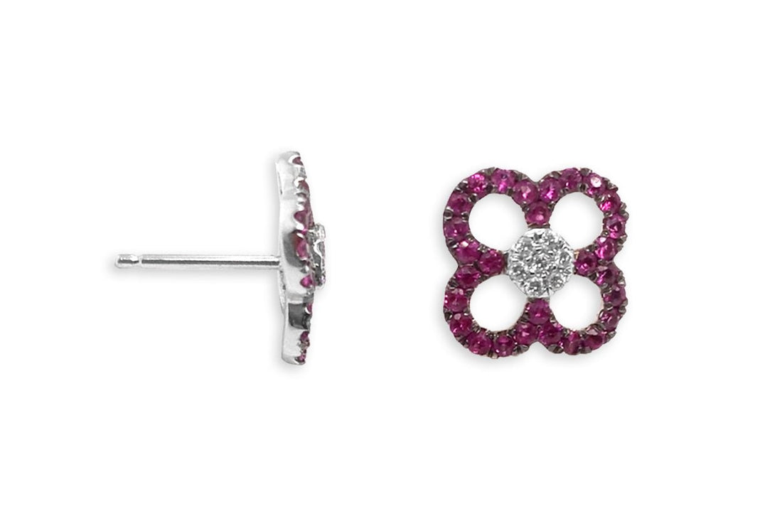 Earrings 14kt Gold Rubies Line Flowers &amp; Diamonds - Diamond Tales Fine Jewelry