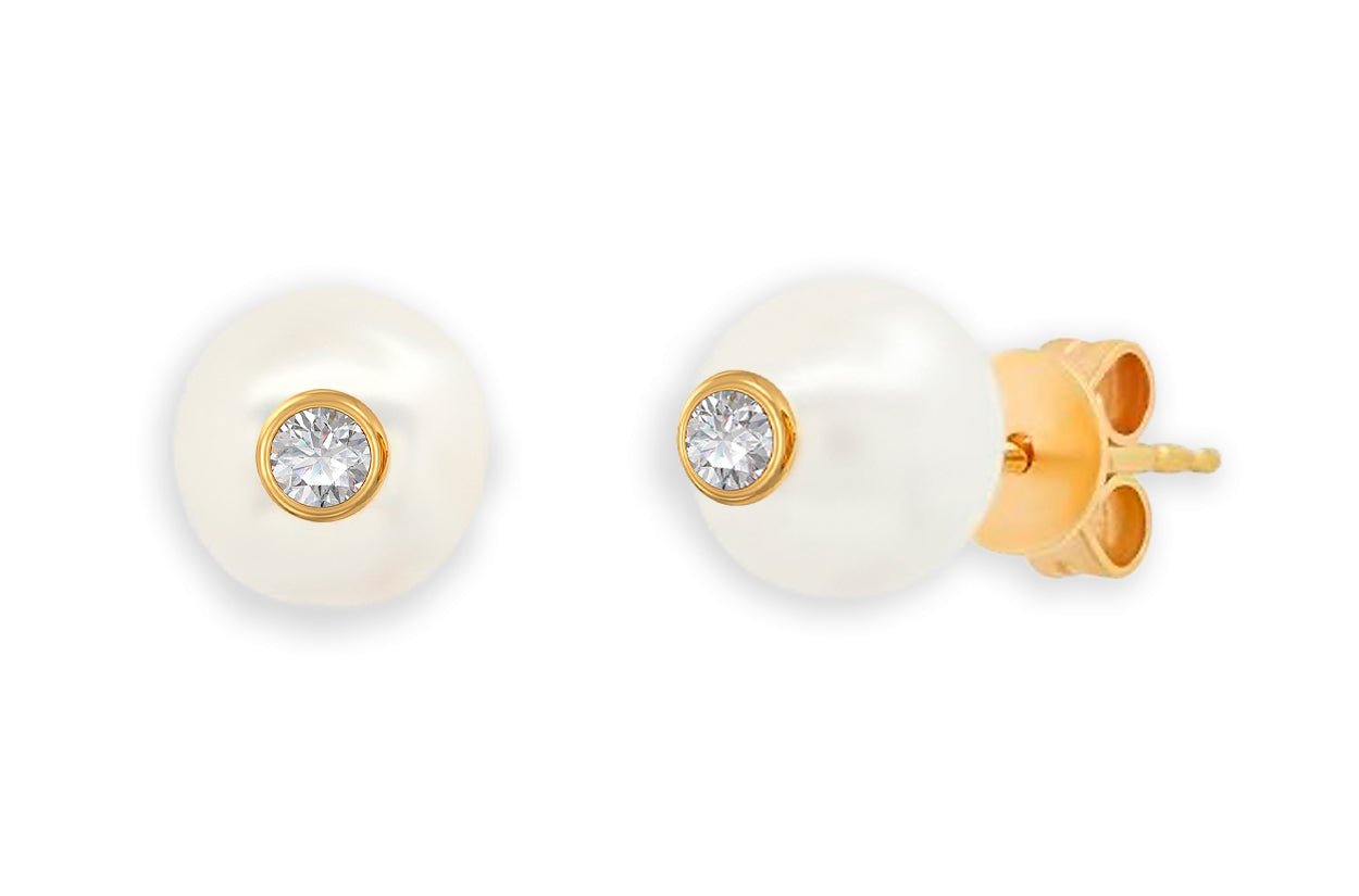 Earrings 14kt Gold South Sea Pearls &amp; Center Diamonds Studs - Diamond Tales Fine Jewelry