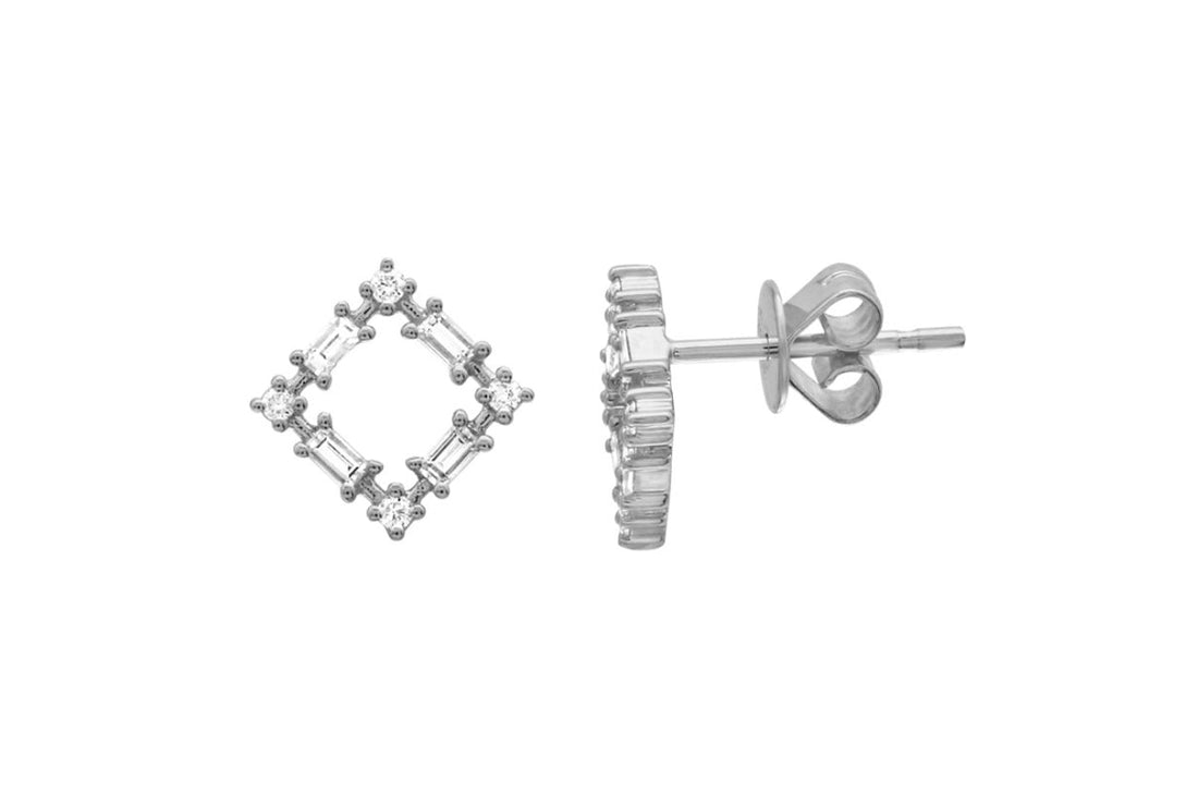 Earrings 14kt Gold Square Stud &amp; Baguette Diamonds - Diamond Tales Fine Jewelry