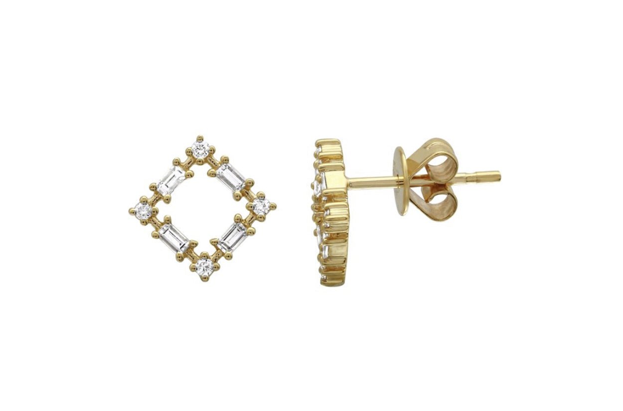 Earrings 14kt Gold Square Stud &amp; Baguette Diamonds - Diamond Tales Fine Jewelry