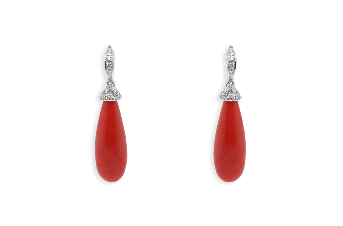 Earrings 14kt White Gold Coral Tear &amp; Diamonds - Diamond Tales Fine Jewelry