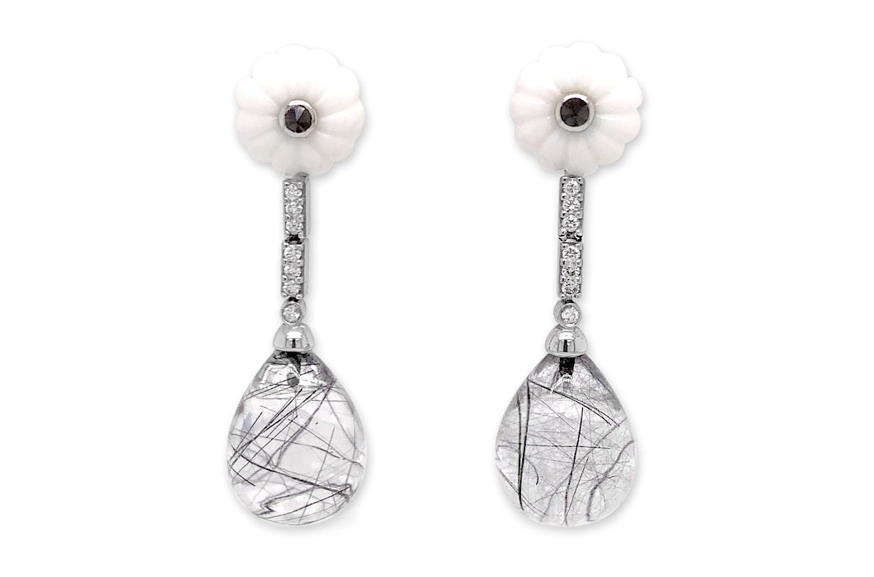 Earrings 18kt Carved White Onyx with Rutilated Quartz &amp; Diamonds - Diamond Tales Fine Jewelry