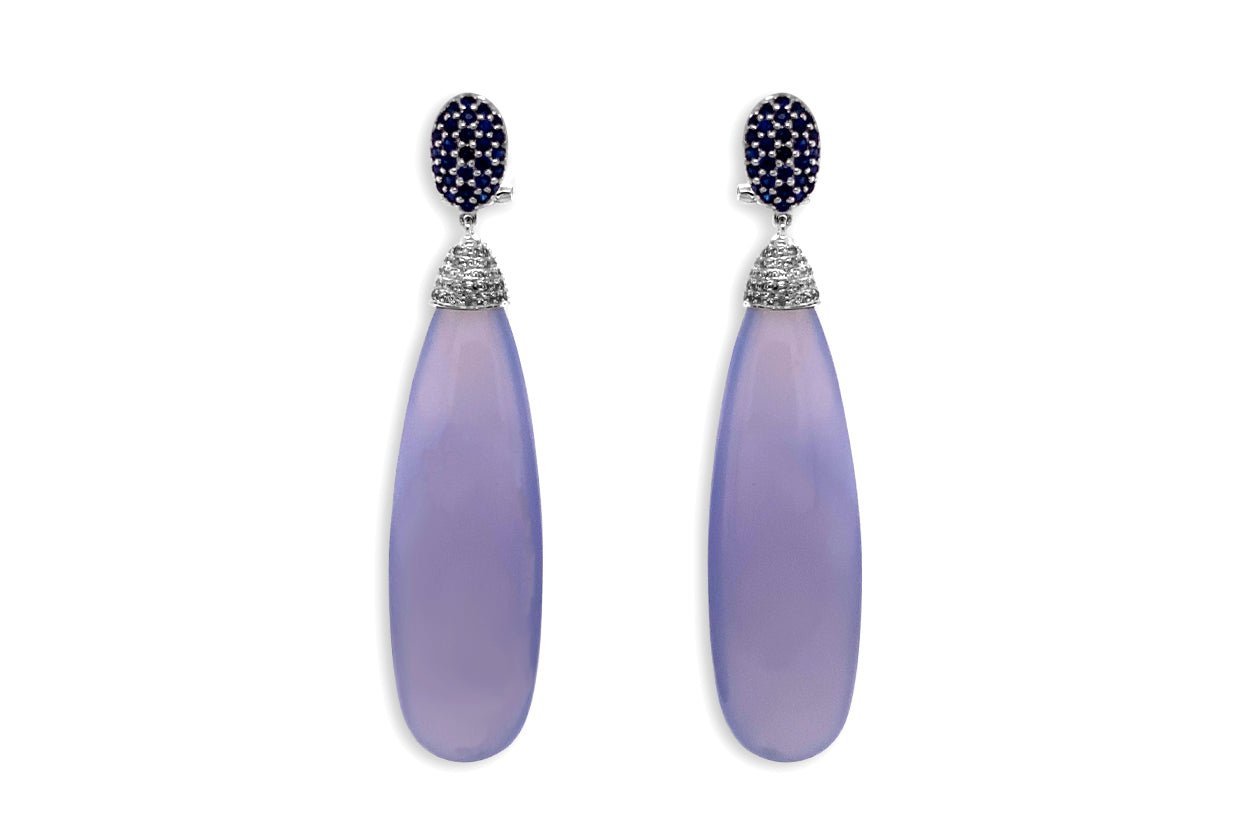 Earrings 18kt Chalcedony Drops with Ceylon Sapphires &amp; Diamonds - Diamond Tales Fine Jewelry