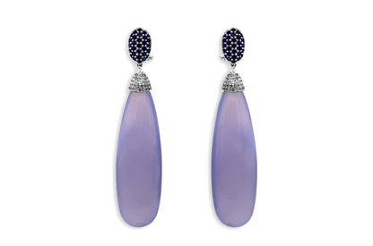 Earrings 18kt Chalcedony Drops with Ceylon Sapphires &amp; Diamonds - Diamond Tales Fine Jewelry