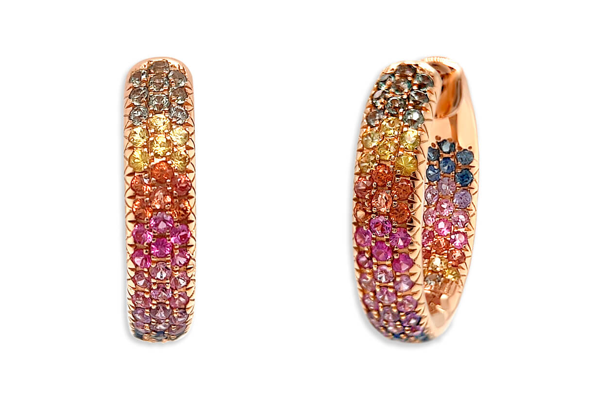 Earrings 18kt Gold &amp; 3-Row Multicolor Sapphires Hoops - Diamond Tales Fine Jewelry