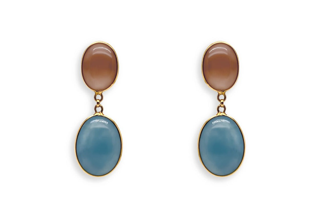 Earrings 18kt Gold Aquamarine &amp; Moonstone Ovals - Diamond Tales Fine Jewelry