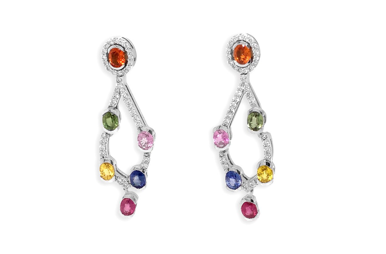 Earrings 18kt Gold Chandelier with Multicolor Sapphires &amp; Diamonds - Diamond Tales Fine Jewelry