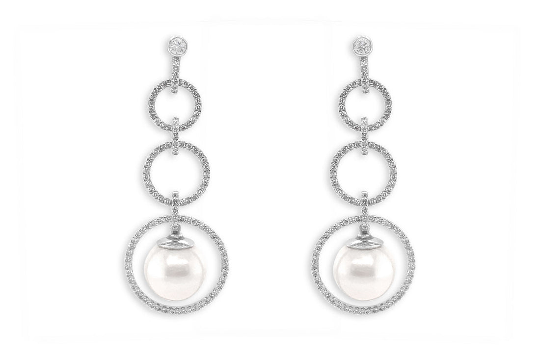 Earrings 18kt Gold Circle Drop with Pearls &amp; Diamonds - Diamond Tales Fine Jewelry