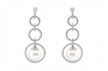 Earrings 18kt Gold Circle Drop with Pearls &amp; Diamonds - Diamond Tales Fine Jewelry